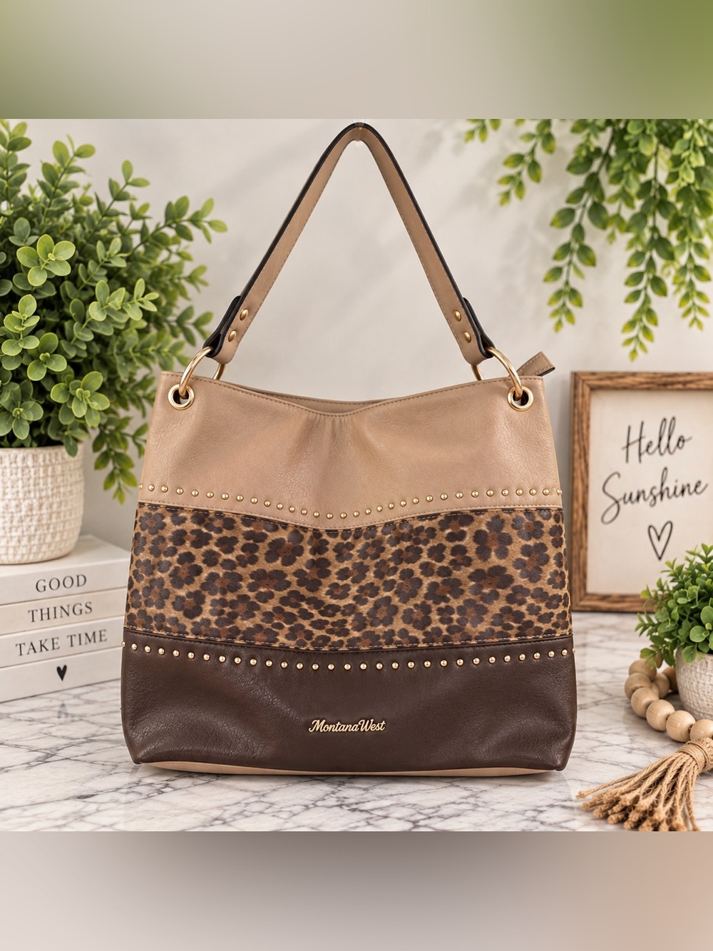 Montana West Leopard Print Studded Hobo Shoulder Bag Beige Brown Gold